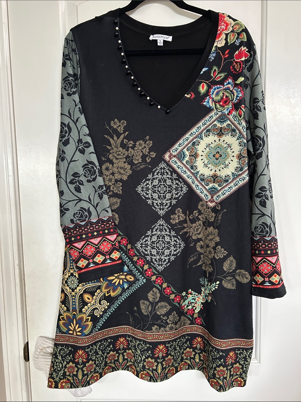 NorthStyle Black Tunic Dress with Multicolor Floral and Patchwork Prints